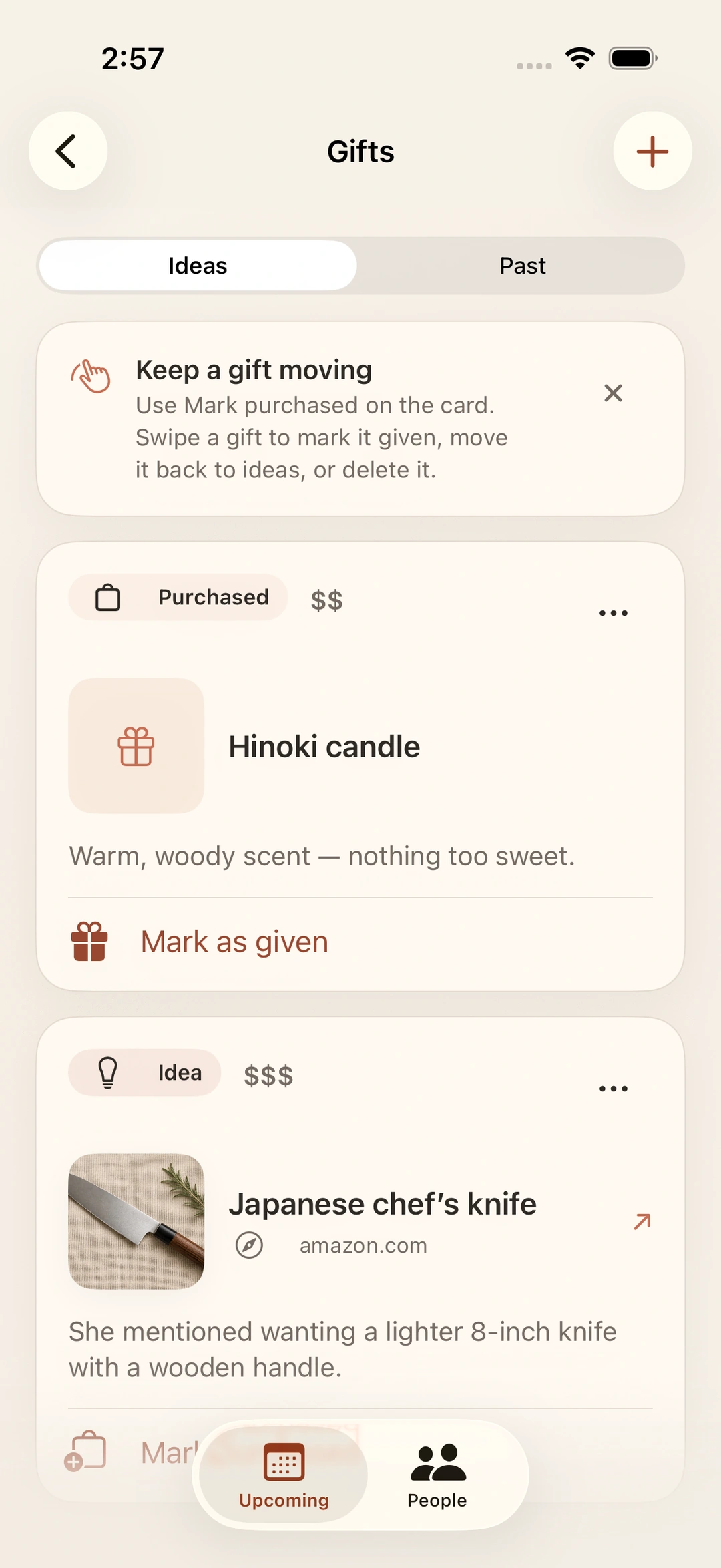 Purchased Hinoki candle, with a note about its warm, woody scent and an option to mark it as given.