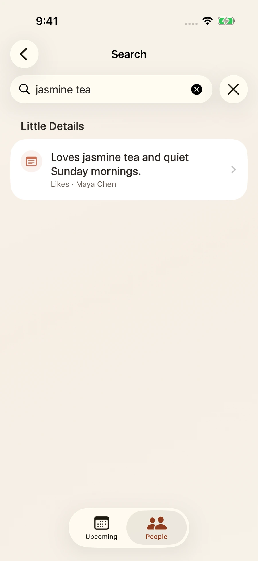 Searching jasmine tea finds Maya's saved favorite: loves jasmine tea and quiet Sunday mornings.